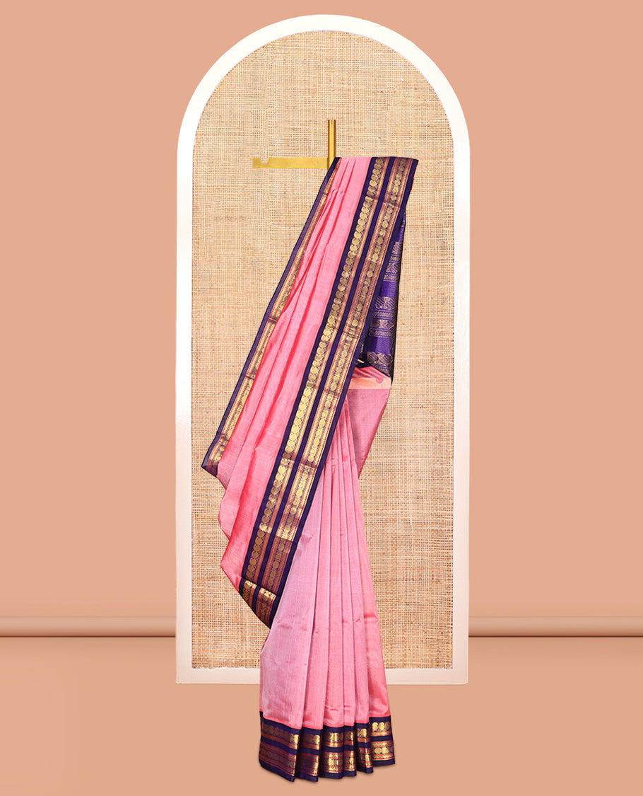 Pink Plain Kuppadam Silk Saree, a Contrast Traditional Zari Border, Grand Pallu, a Contrast Blouse
