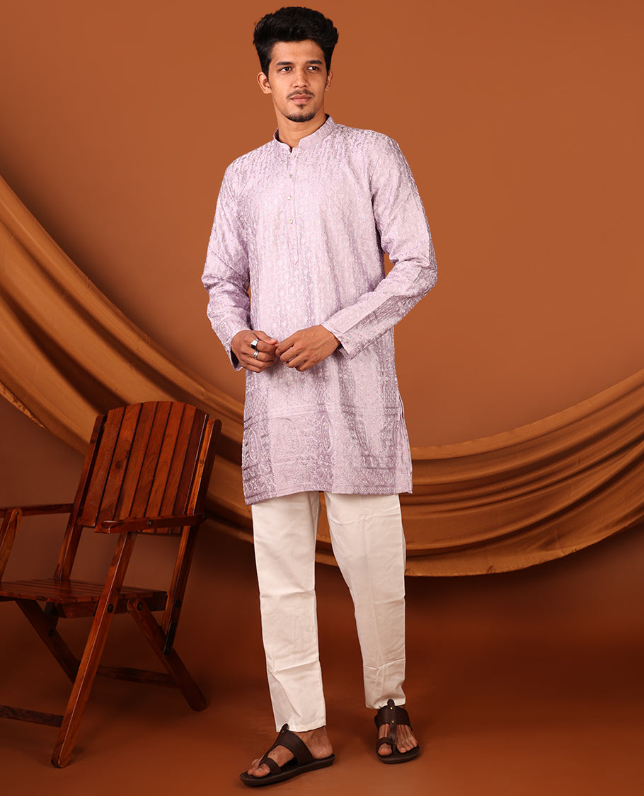 Light Lavender Mughal-Themed Thread Embroidered and Stone Work Full-Sleeved Men's Kurta Set