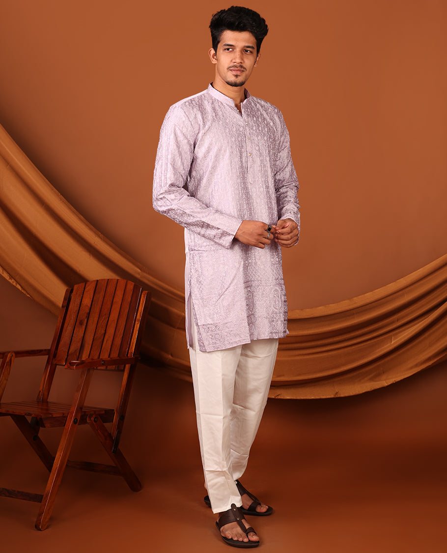 Light Lavender Mughal-Themed Thread Embroidered and Stone Work Full-Sleeved Men's Kurta Set