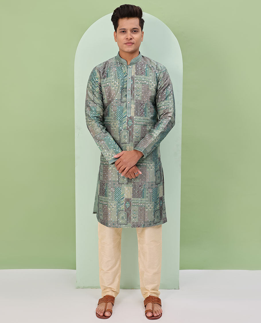 Green base, colorful Mughal-style floral and geometric motifs printed with glitter work, full-sleeved readymade kurta