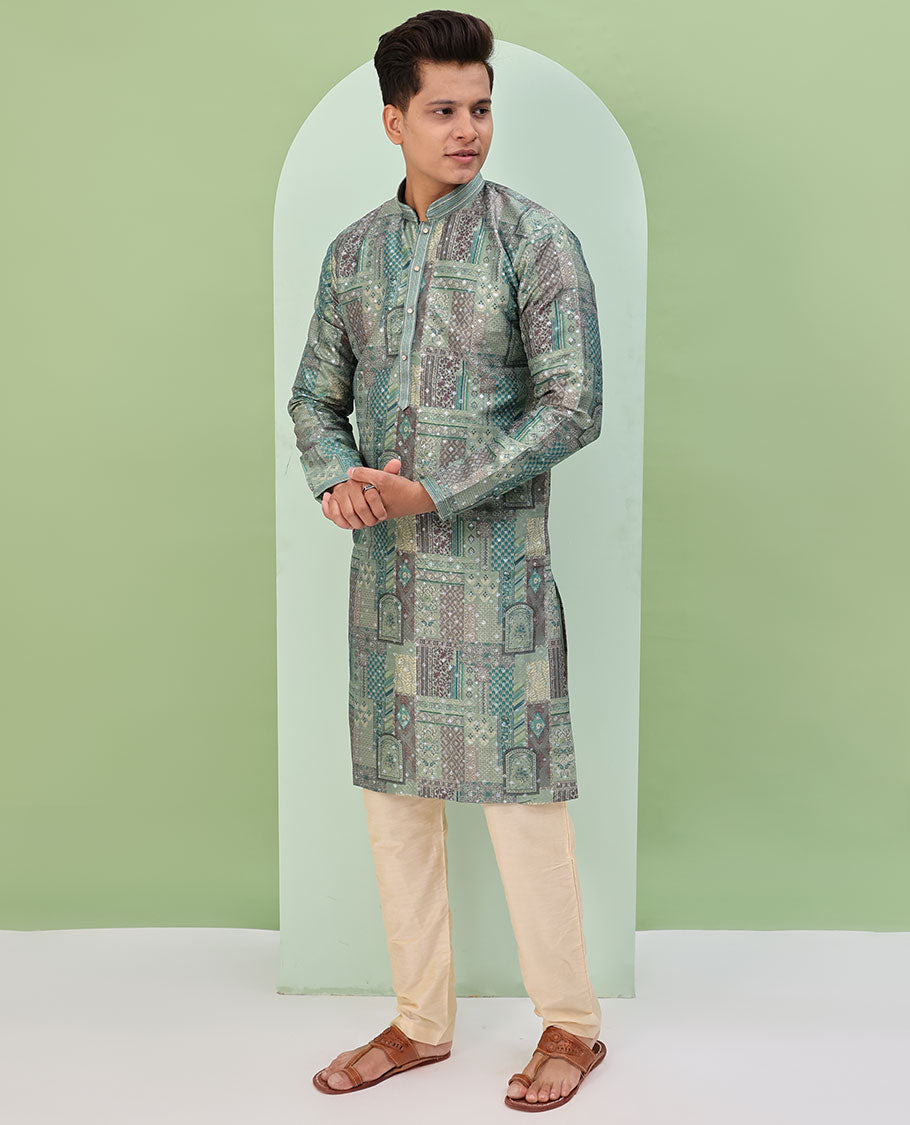 Green base, colorful Mughal-style floral and geometric motifs printed with glitter work, full-sleeved readymade kurta