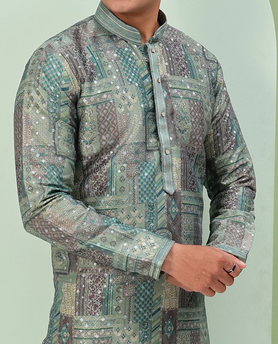 Green base, colorful Mughal-style floral and geometric motifs printed with glitter work, full-sleeved readymade kurta