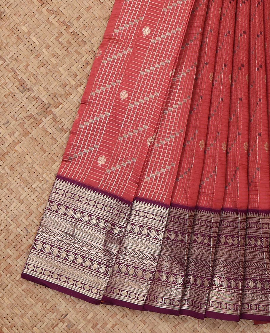 Red Litchi Saree, Woven with Zari Buttas and Checks, a Contrast Traditional Zari Design Border, Grand Pallu, and a Contrast Blouse