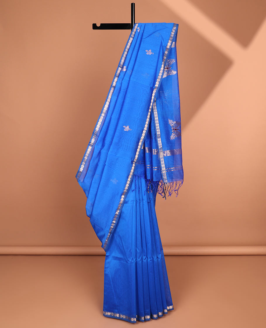 Blue Maheshwari cotton saree with buttas, traditional zari border & butterfly motifs pallu