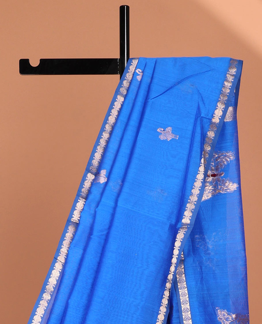Blue Maheshwari cotton saree with buttas, traditional zari border & butterfly motifs pallu