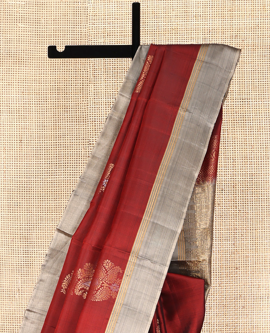 Red Mayuri Lite Silk Mix Saree, Beautified with Zari Buttas All Over Its Body, Complemented by a Contrast Border, Sparsely Woven Pallu, and Paired with a Contrast Blouse