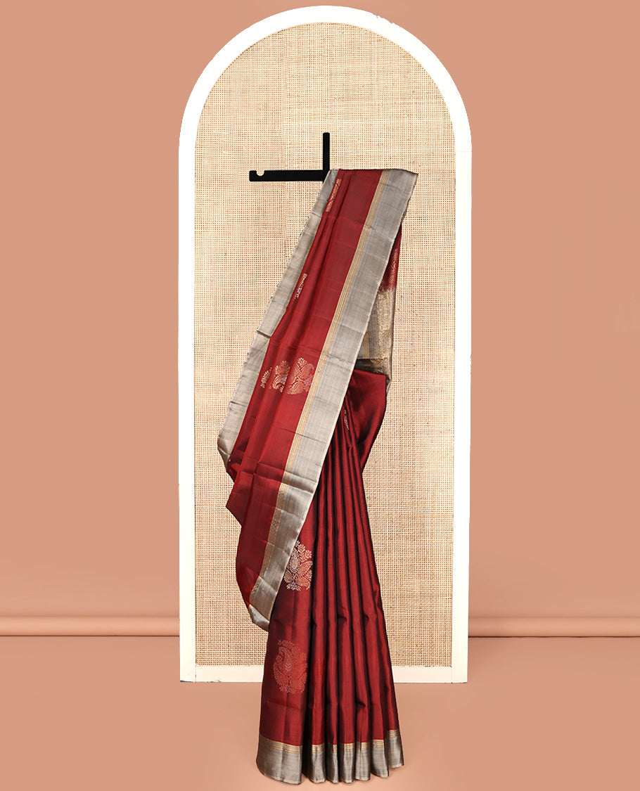 Red Mayuri Lite Silk Mix Saree, Beautified with Zari Buttas All Over Its Body, Complemented by a Contrast Border, Sparsely Woven Pallu, and Paired with a Contrast Blouse