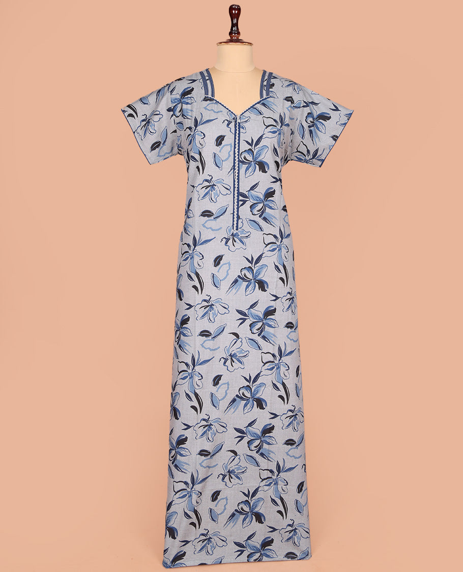 Pale Blue Cotton Nighty Elevated with Floral Print, Featuring Lace Work, Sweet Heart Front Neck, and Half Sleeves