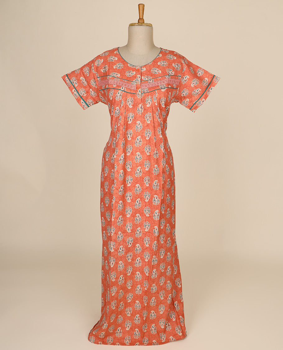 Orange floral printed & round neck cotton half-sleeve nighty