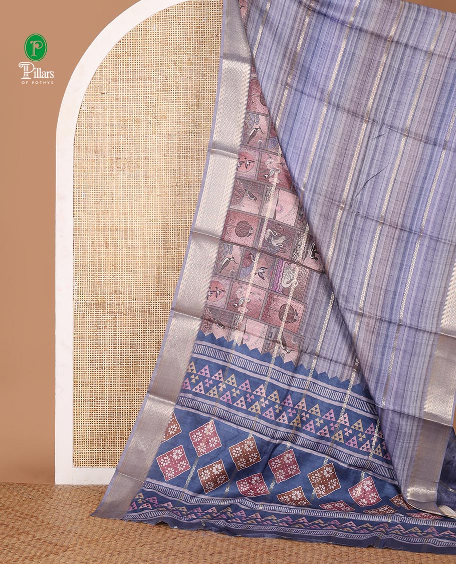 Blue horizontal zari striped with bird motifs printed soft tusser saree, traditional zari border & geometric printed pallu