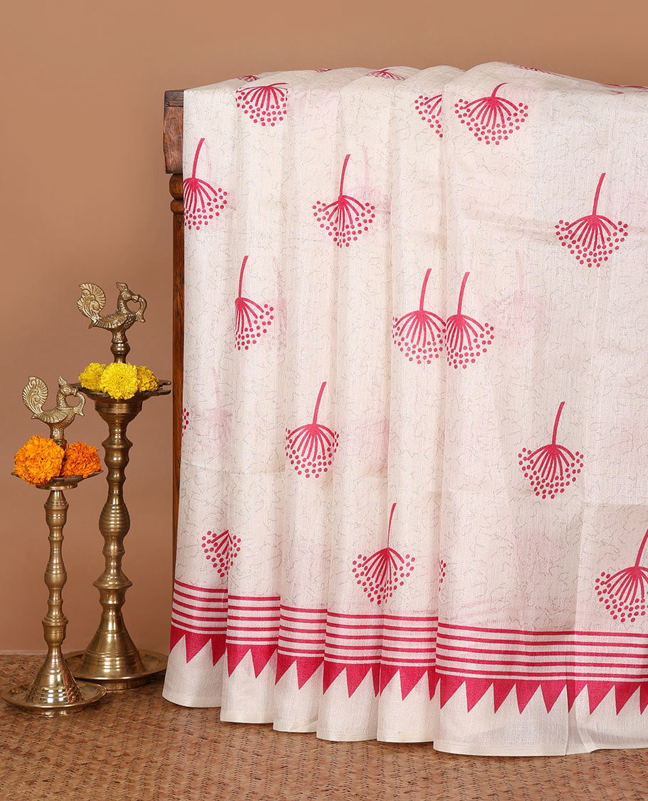 Cream floral-style printed khadi cotton saree, contrast pink temple & lining printed border, lining printed border & printed blouse