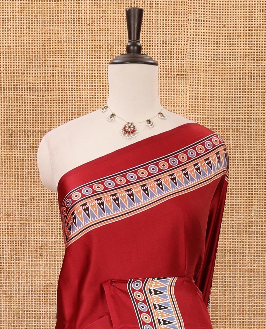 Maroon plain design modal satin saree, Ajrakh printed border, floral-Ajrakh printed pallu & Ajrakh printed blouse