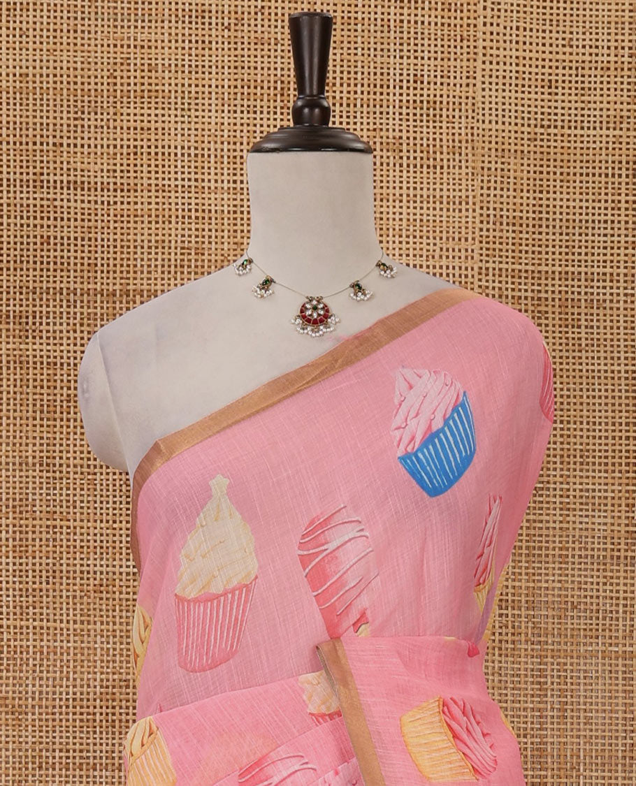 Pink cupcake & Ice Cream motifs printed Linen saree, piping border, contrast Cone Ice Cream motif printed pallu & blue printed blouse