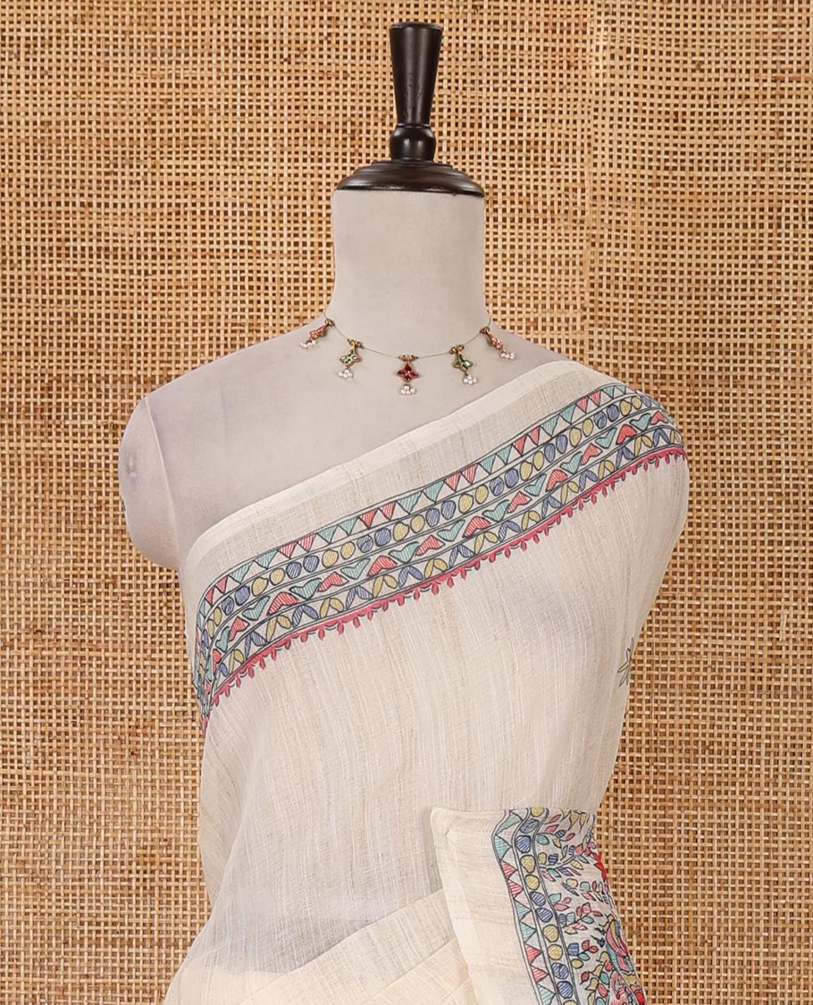 Cream Madhubani-style flower motifs printed linen cotton saree, Madhubani village-theme motifs printed border & pallu & printed blouse