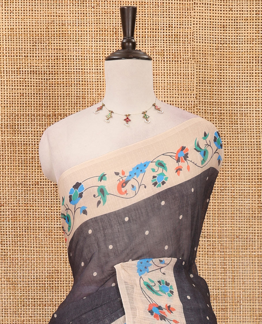 Black small dotted buttas linen cotton saree, contrast border & pallu of paithani-style parrot, peacock, & floral vine designs