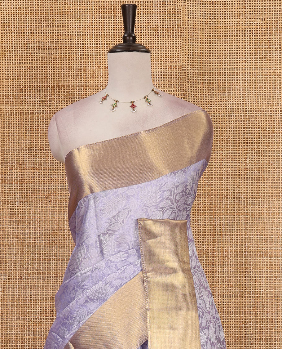 Lavender floral jaal design tissue saree, bavanji golden zari border, plain pallu & matching zari border blouse