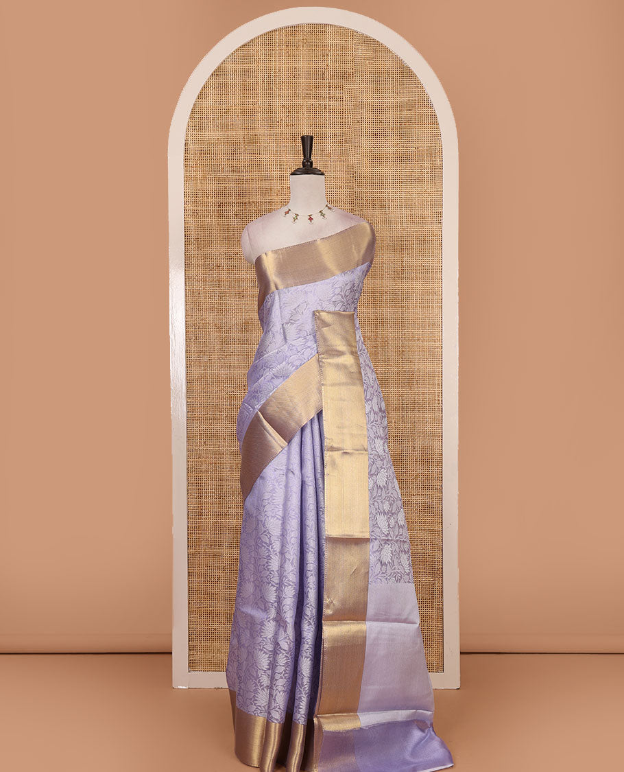 Lavender floral jaal design tissue saree, bavanji golden zari border, plain pallu & matching zari border blouse