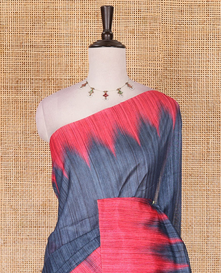 Blue full plain katan silk saree, contrast temple border, odisha style printed pallu, and contrast plain blouse