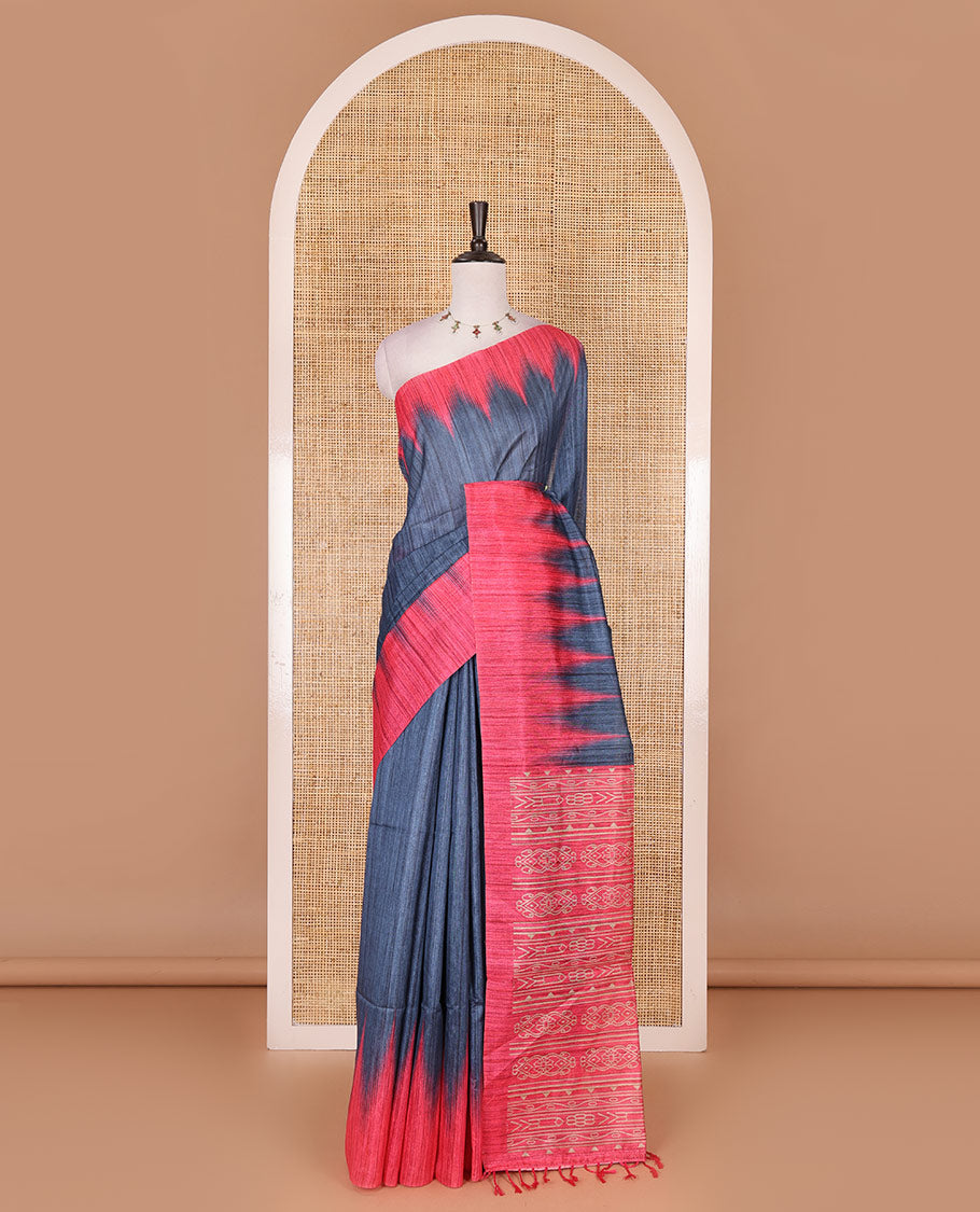 Blue full plain katan silk saree, contrast temple border, odisha style printed pallu, and contrast plain blouse