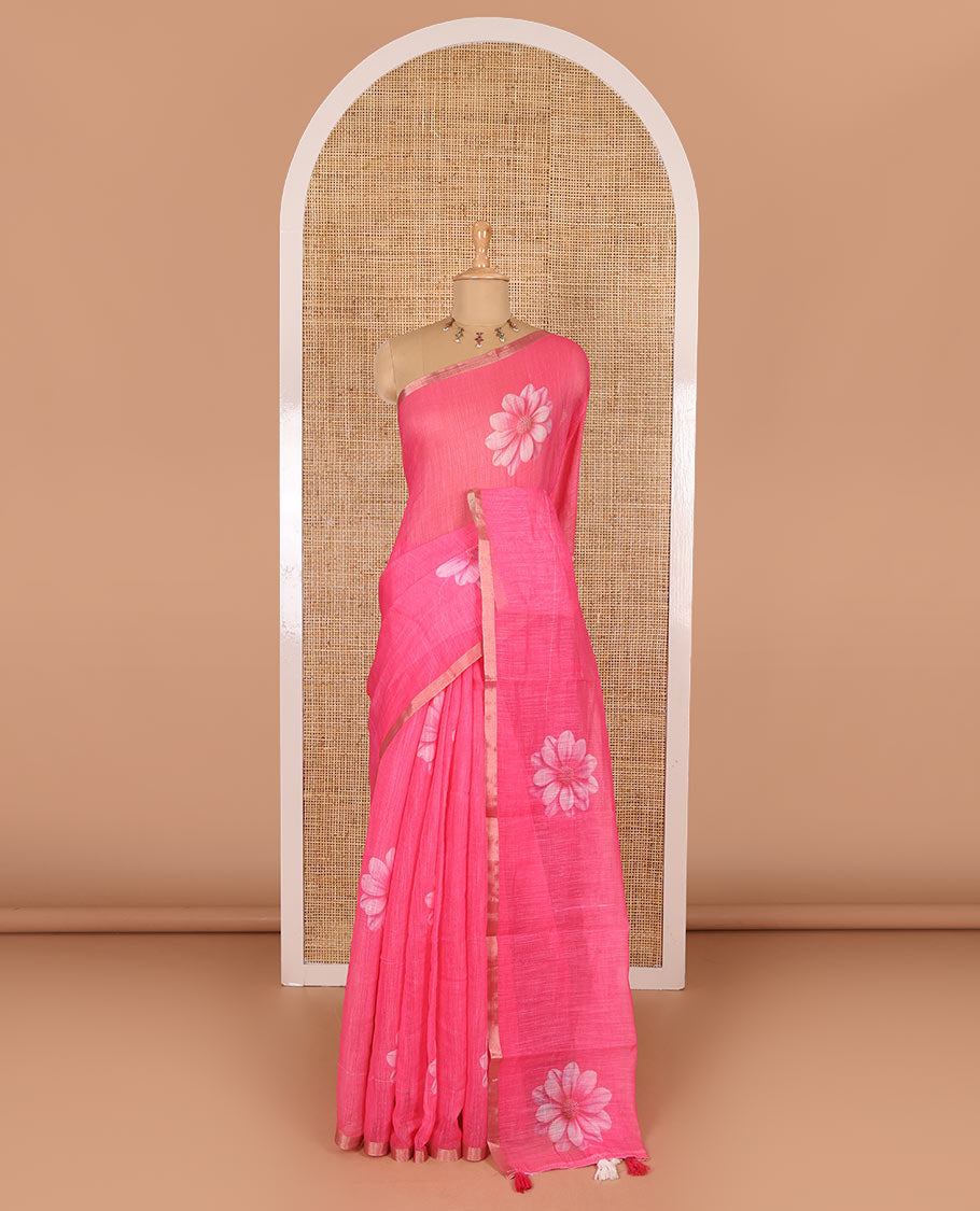 Pink daisy floral printed linen cotton saree, gold zari piping border, daisy floral printed pallu, and matching floral printed blouse
