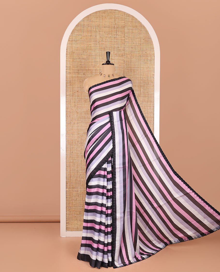 Black and baby pink horizontal striped satin crepe saree, black stone scallop border, self-pallu, and a plain blouse