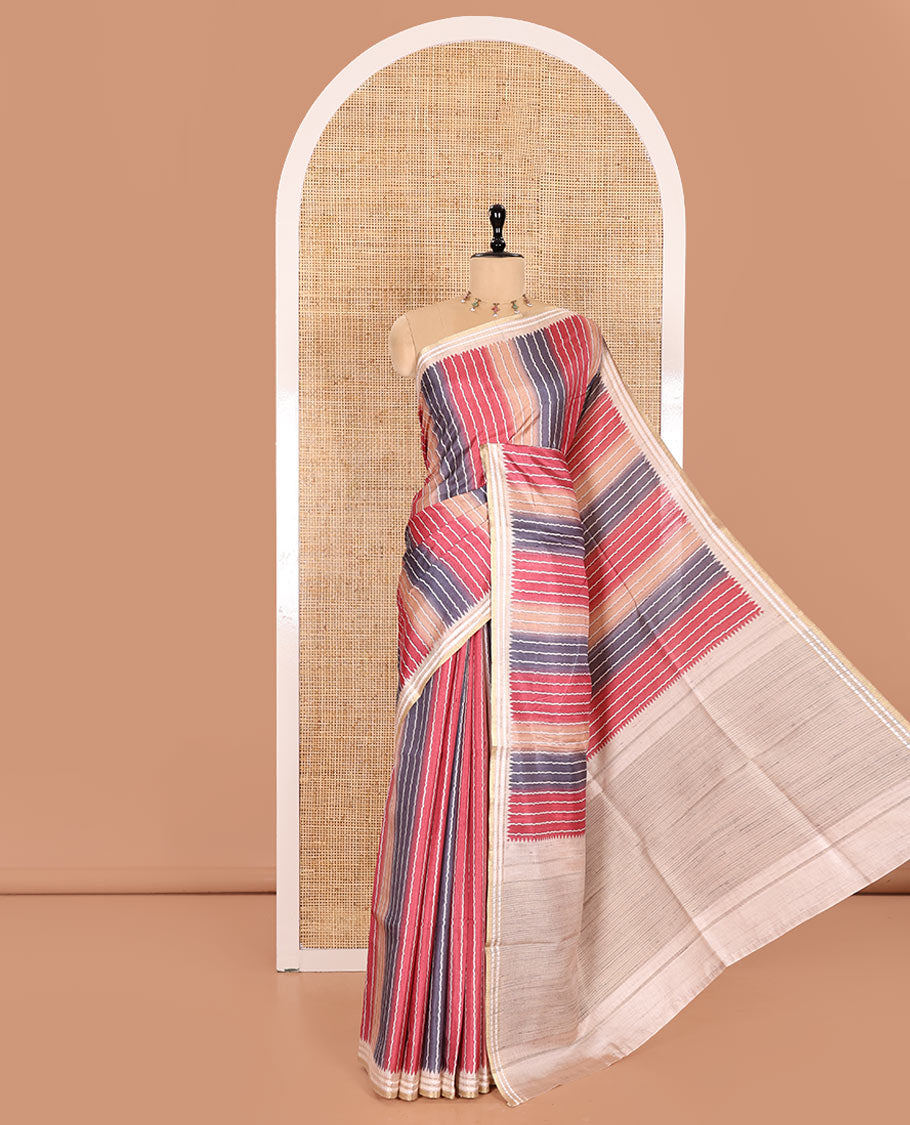 Pink Semi-Tussar Saree Colorfully Printed with Zig-Zag Stripes, Subtly Woven with a Resham Thread Temple Border, Featuring a Heathered Pallu, Paired with a Contrast Striped Blouse
