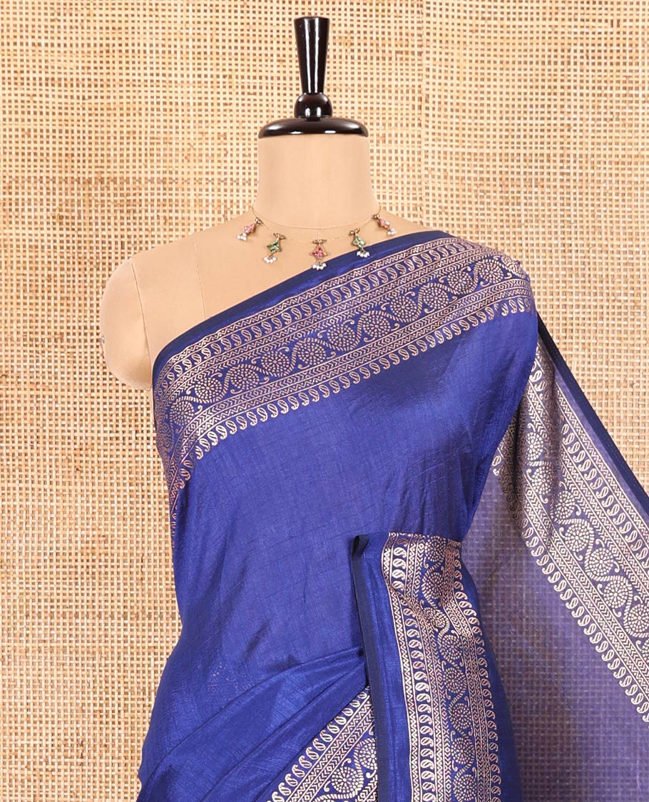 Royal Blue Plain Vichitra Silk Saree Subtly Sparked with Self-Border Featuring Traditional Designs, Plain Pallu, and Comes Without Blouse