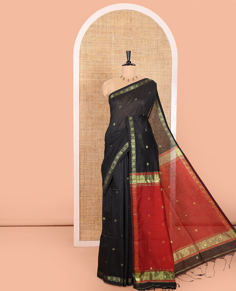 Black Kota Cotton Saree Decorated with Star-Style Zari Motifs All Over Its Body, Complemented by a Self-Border of Star Motifs, a Captivating Contrast Pallu of the Same Star Motifs, and a Contrast Blouse