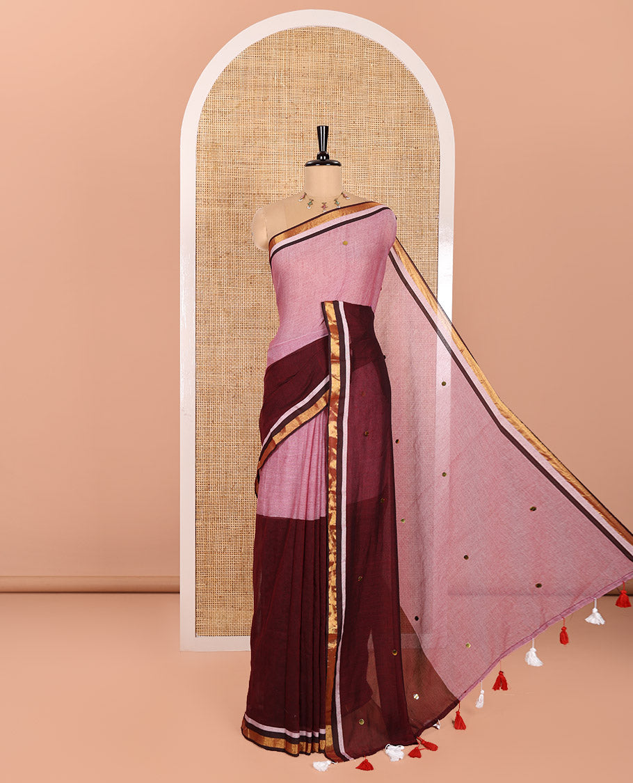 Light Pink and Maroon Khadi Mul Cotton Saree, Prettified with Double-Color Half-And-Half-Style Jamki Work, Complemented by Contrast Zari Border, and Paired with a Matching Blouse