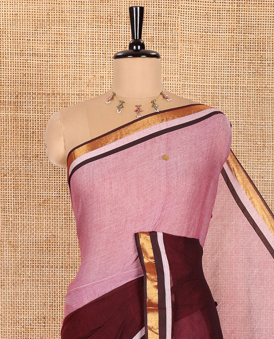 Light Pink and Maroon Khadi Mul Cotton Saree, Prettified with Double-Color Half-And-Half-Style Jamki Work, Complemented by Contrast Zari Border, and Paired with a Matching Blouse
