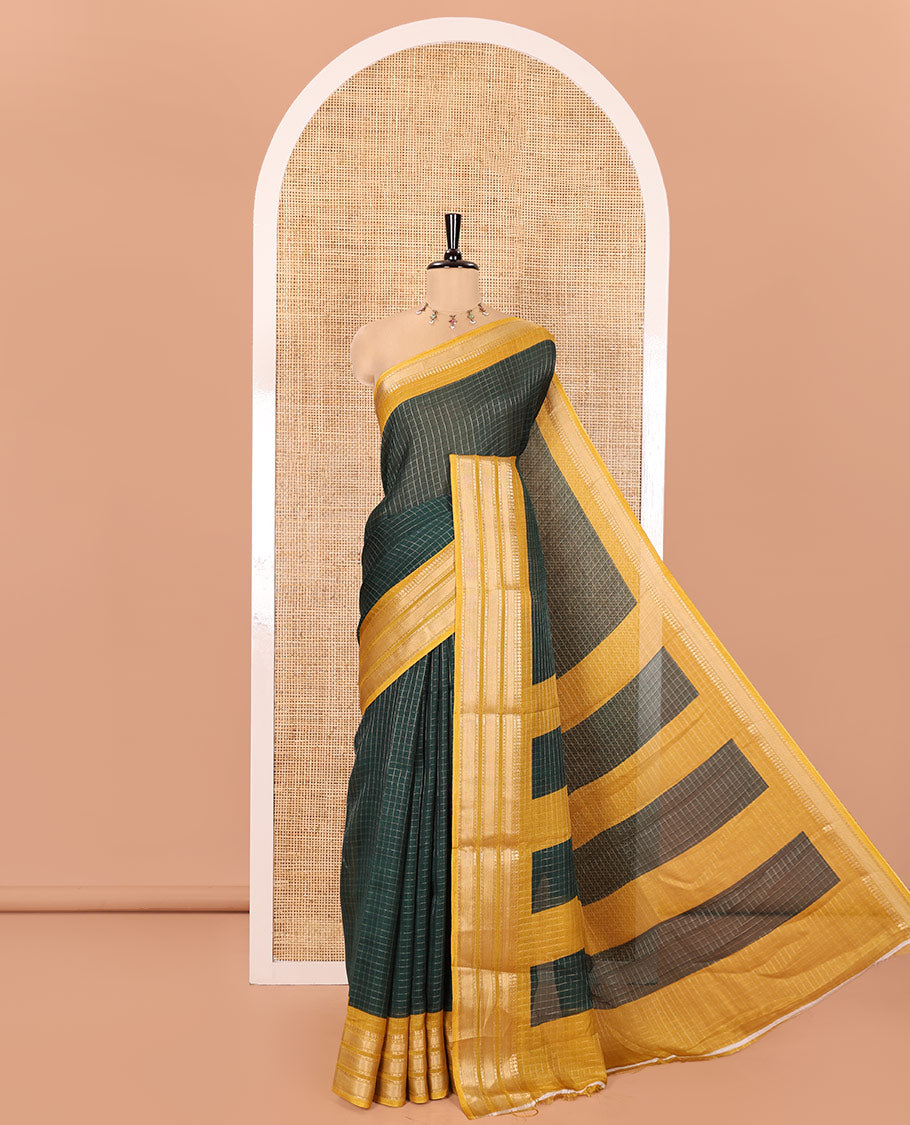 Green Moss Chiffon Saree, Accentuated with Zari Checks All Over Its Body, Complemented by a Contrast Traditional Zari Design Border, Zari Striped Pallu, and Paired with a Contrast Blouse