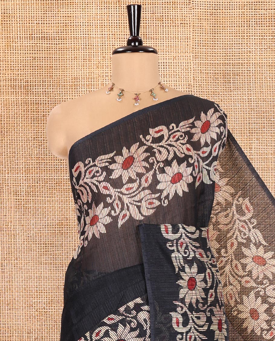 Black Plain Green-Silk Linen Cotton Saree, Highlighted by Jamdani-Style Floral Vine Printed Border, Pallu of Jamdani Floral Print, and Paired with a Matching Printed Blouse