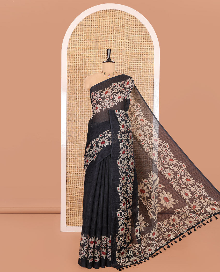 Black Plain Green-Silk Linen Cotton Saree, Highlighted by Jamdani-Style Floral Vine Printed Border, Pallu of Jamdani Floral Print, and Paired with a Matching Printed Blouse