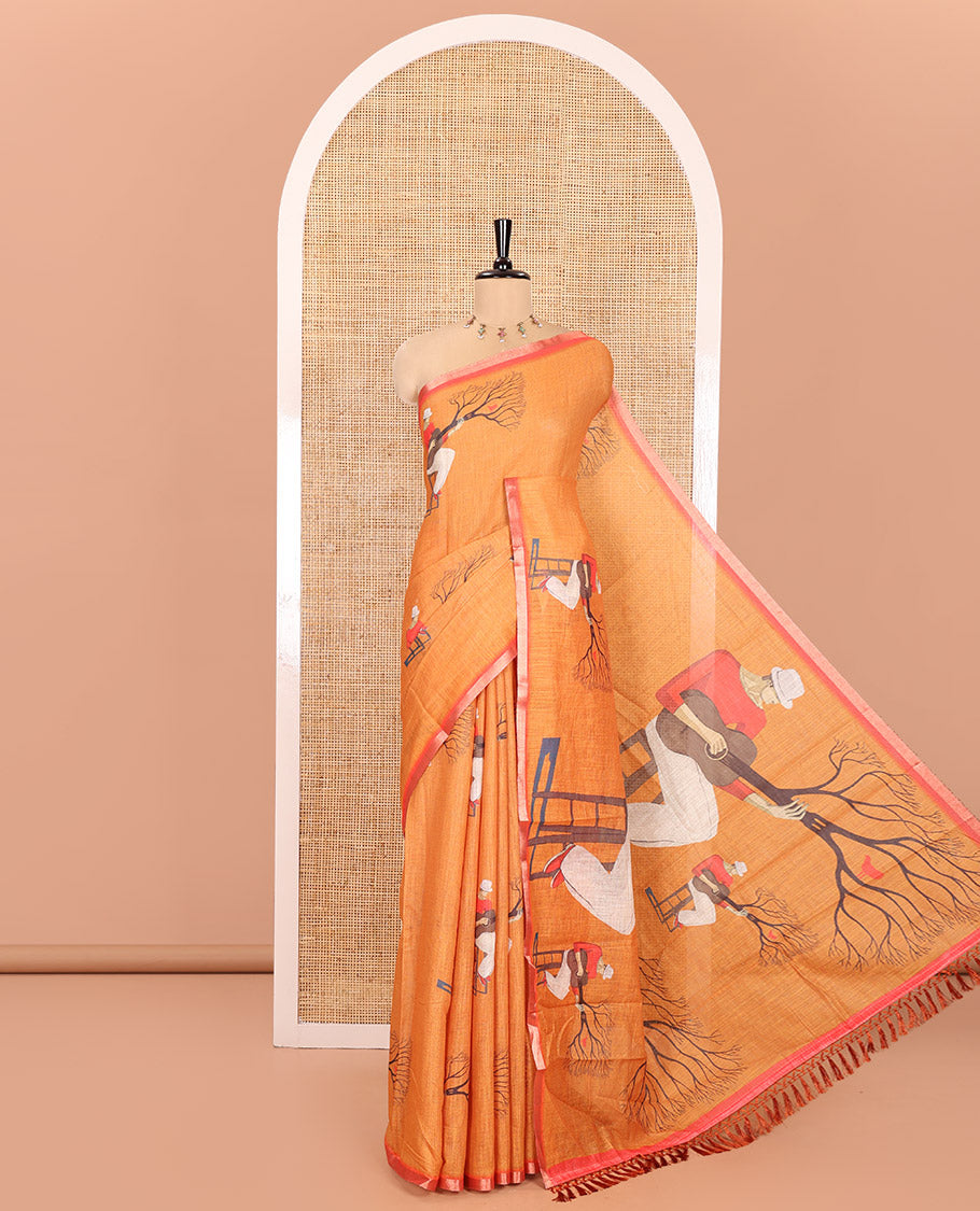 Orange Linen Cotton Saree, Depicting Men with a Guitar Motif Printed All Over Its Body, Complemented by Contrast Piping Border, Pallu Pictures a Men with a Guitar Motif, and Paired with a Contrast Blouse