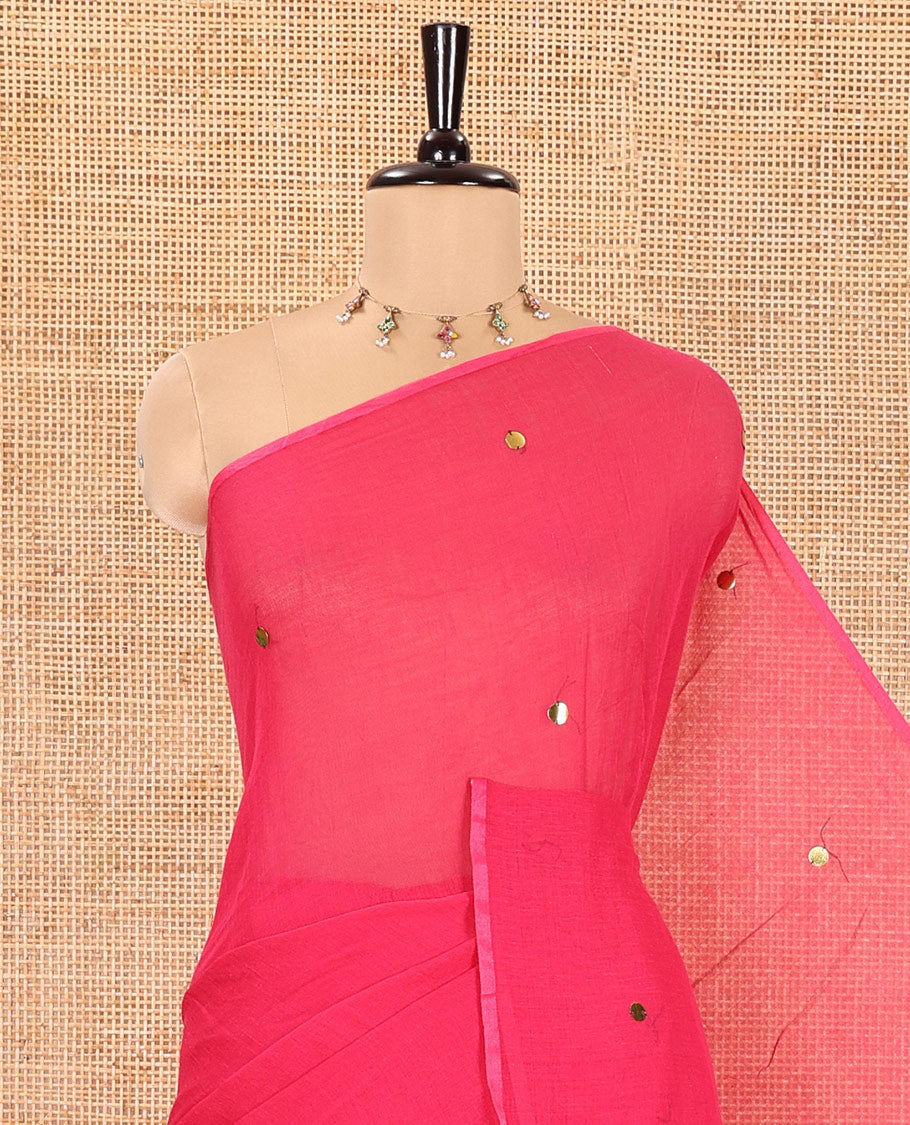 Borderless Rani Pink Khadi Mul Cotton Saree, Subtly Sparkled with Sequin Work on Its Body and Pallu, and Paired with a Matching Blouse