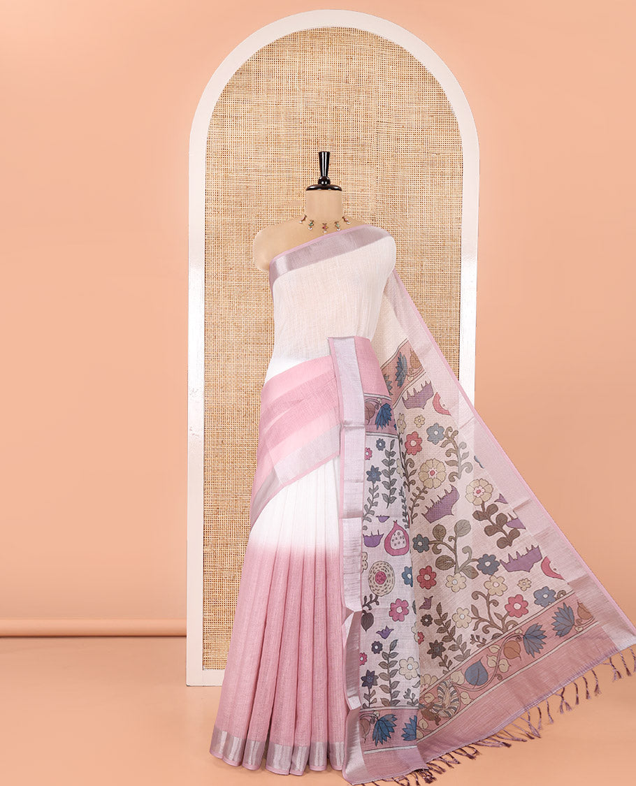 Cream and Pink Linen Cotton Saree, Beautified with Ombre-Style Double-Color Print, Highlighted by Contrast Zari Bavanji Border, Pallu Pictures Floral Prints, and Paired with a Floral Printed Blouse