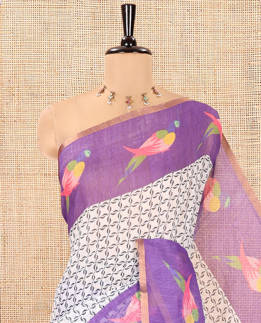 Off-White Violet Linen Cotton Saree, Decked Up with Geometric Print on Its Body, Complemented by a Contrast Border of Macaw Parrot Print, Pallu of Floral and Macaw Parrot Print, and Paired with a Contrast Blouse