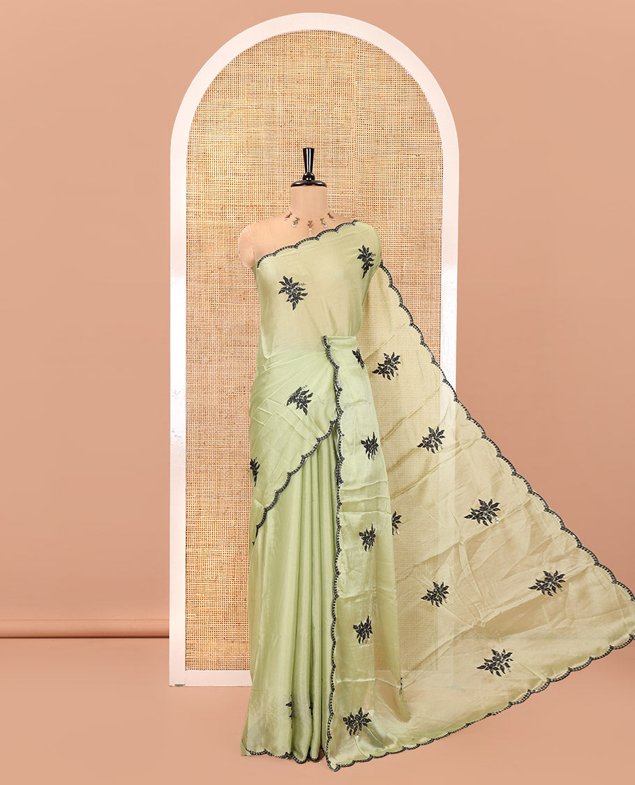 Green Rangoli Chiffon Saree, Finely Crafted with Floral Embroidery Motifs on Its Body, Scallop Embroidered Border, Embroidered Pallu, and Paired with a Contrast Blouse