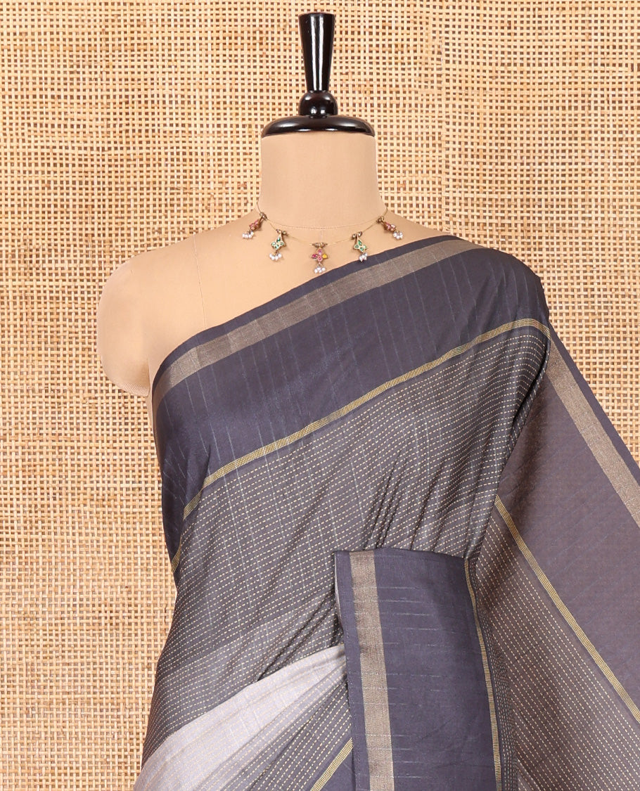Grey Katan Silk Saree, Adorned with 3d-Style Print and Dotted-Style on Its Body, Complemented by Contrast Border, Pallu Steeped with Buttas, and Paired with a Contrast Blouse