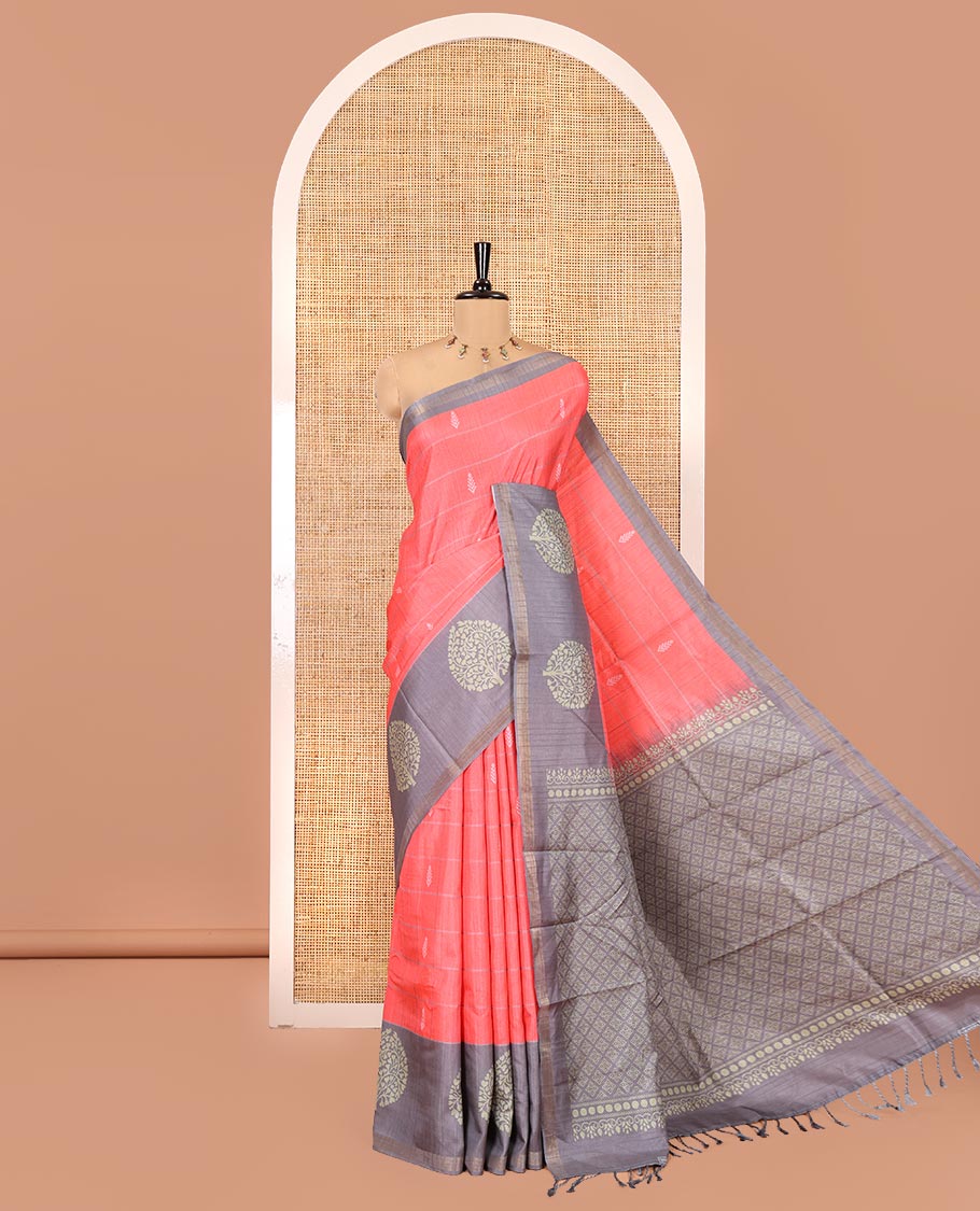 Pink Katan Silk Saree, Adorned with Butta Enclosed Checks on Its Body, Complemented by a Contrast Border of Tree Motifs, Jaal Pallu, and Paired with a Contrast Blouse