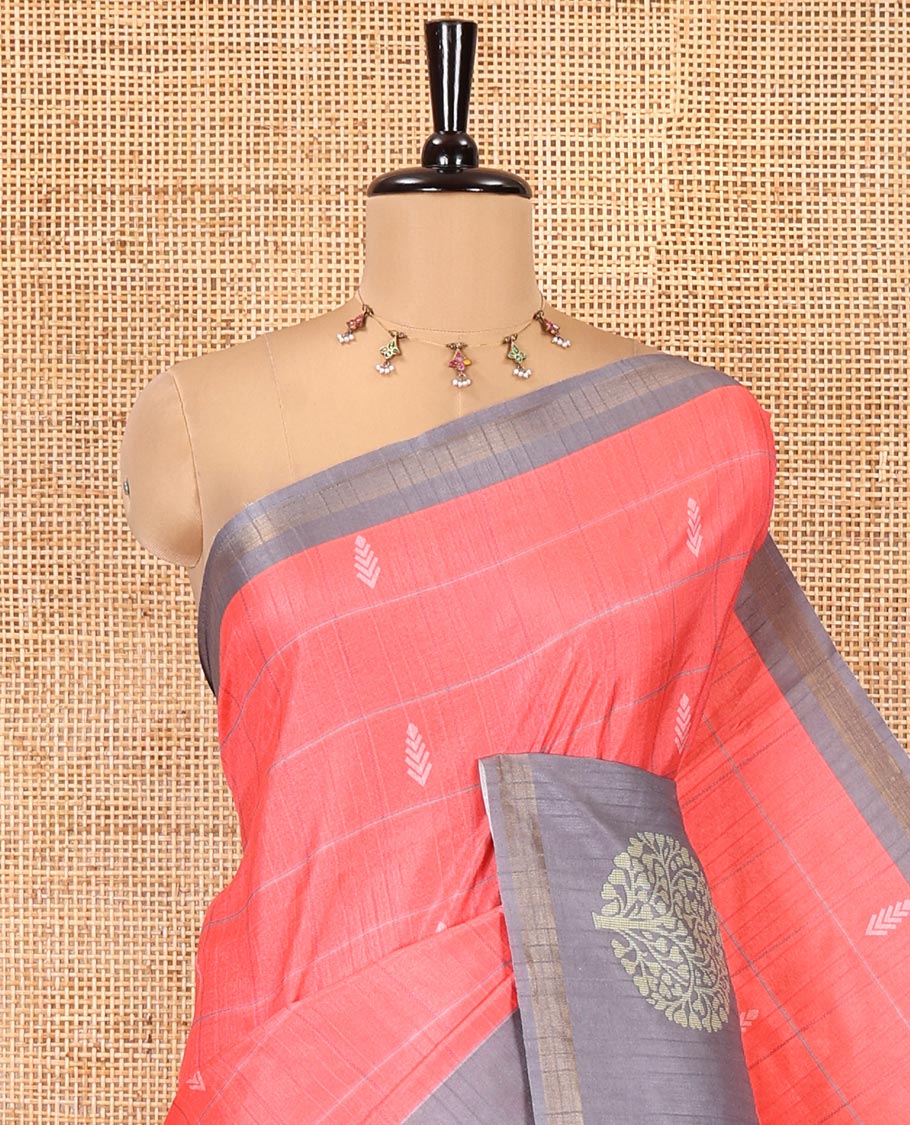 Pink Katan Silk Saree, Adorned with Butta Enclosed Checks on Its Body, Complemented by a Contrast Border of Tree Motifs, Jaal Pallu, and Paired with a Contrast Blouse