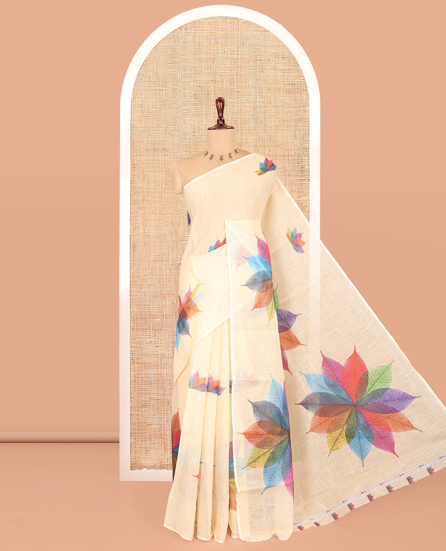 Sandal Linen-Cotton Saree Features Kaleidoscope-Colored Leaf Motifs Print and a Matching Blouse