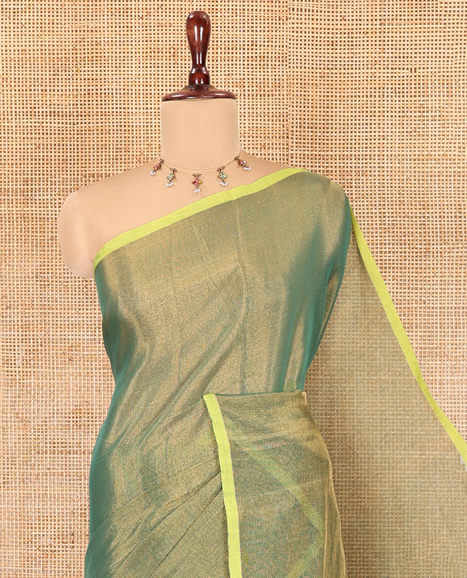 Borderless Green Plain Khadi Tissue Saree, a Self-Striped Pallu, and a Matching Blouse