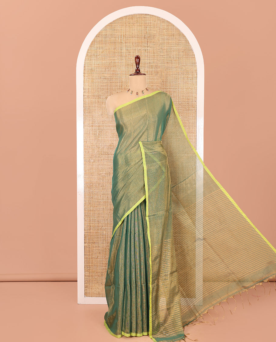 Borderless Green Plain Khadi Tissue Saree, a Self-Striped Pallu, and a Matching Blouse