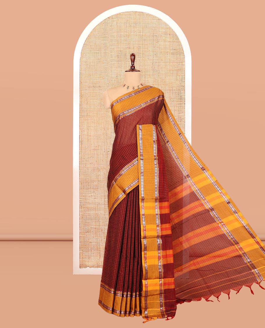 Maroon Checked Mercerised Cotton Saree, Contrast Rettai Pettu Rudraksham-Temple Border, a Self-Pallu and a Matching Blouse
