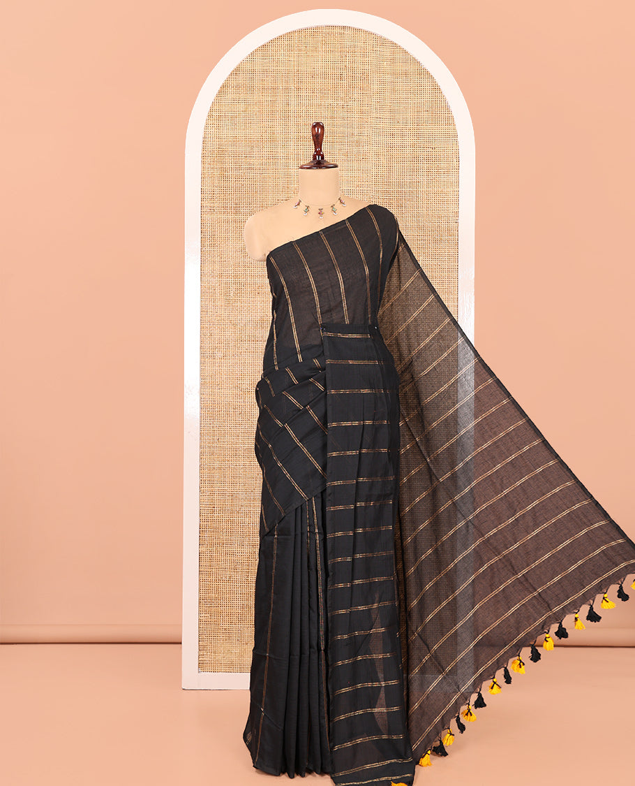 Borderless Black Khadi Cotton Saree Features Double Stripes, a Self-Pallu of Tassels, and a Matching Blouse