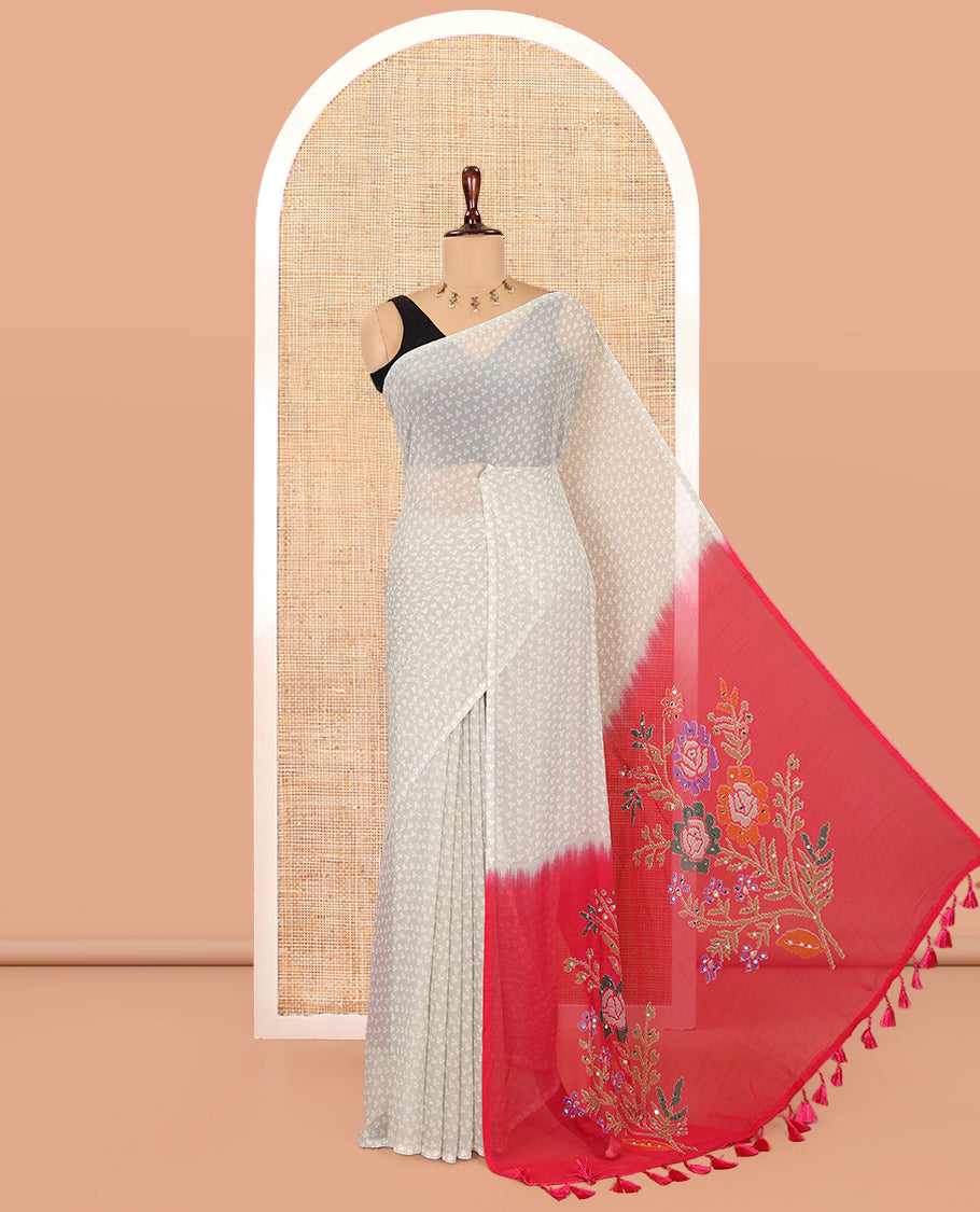 Borderless Pista Green-Pink Dotted Georgette Saree, Contrast Floral Printed Mirrorwork Pallu, and a Contrast Designer Blouse