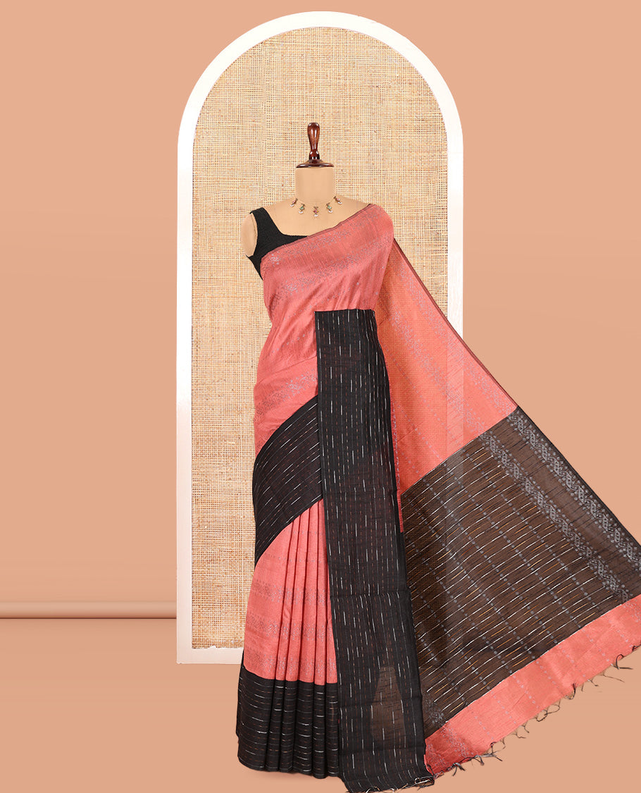 Onion Pink Semi-Raw Silk Saree, Sparsely Woven with Zari Designs, a Contrast Striped Border, Striped Pallu, and a Contrast Blouse