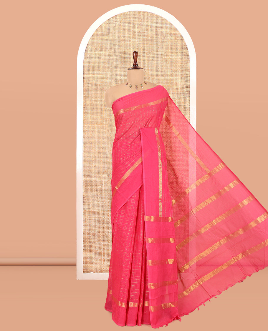 Pink Chettinad Cotton Saree, Delicately Woven with Checks, a Kaal Eragina Border, Striped Pallu, a Matching Blouse
