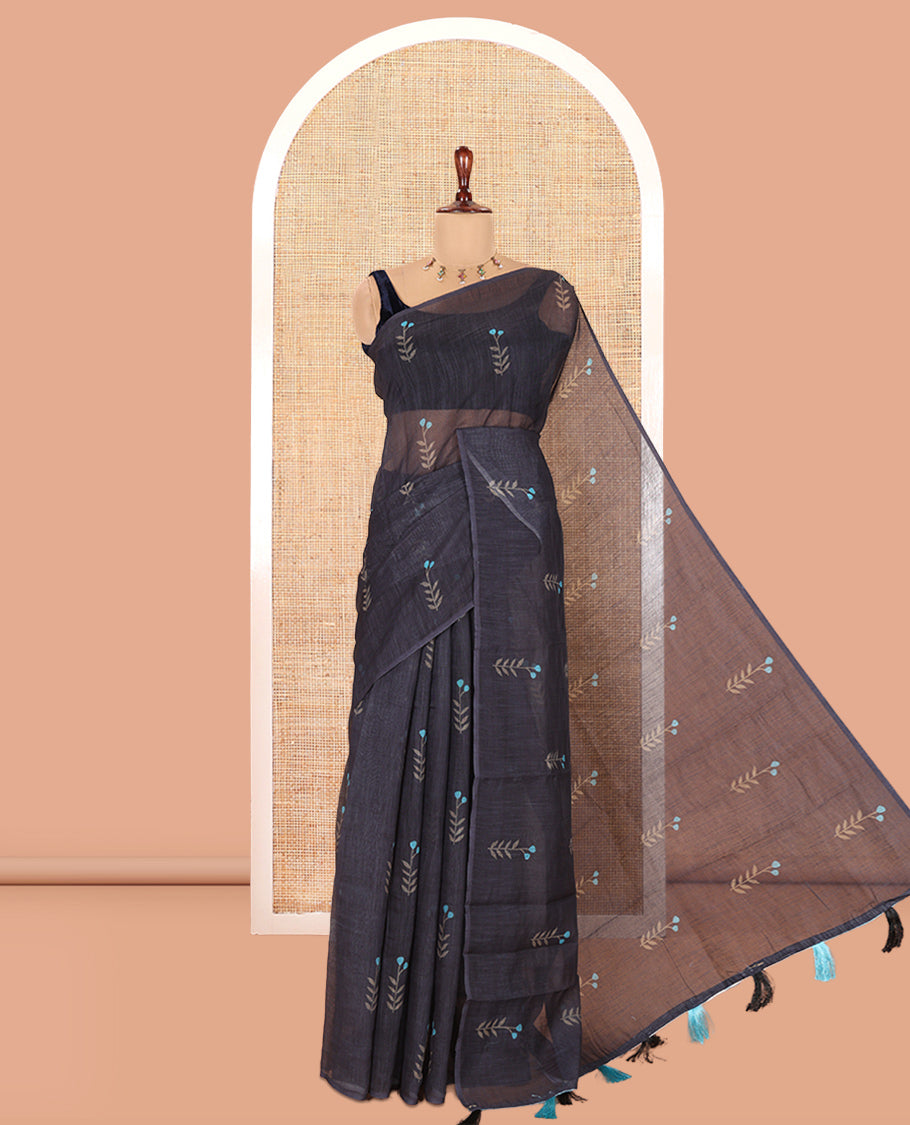 Borderless Black-Blue Linen Cotton Saree